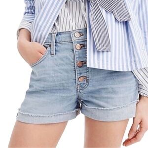 J crew‎ high-rise, button down, light wash denim shorts.